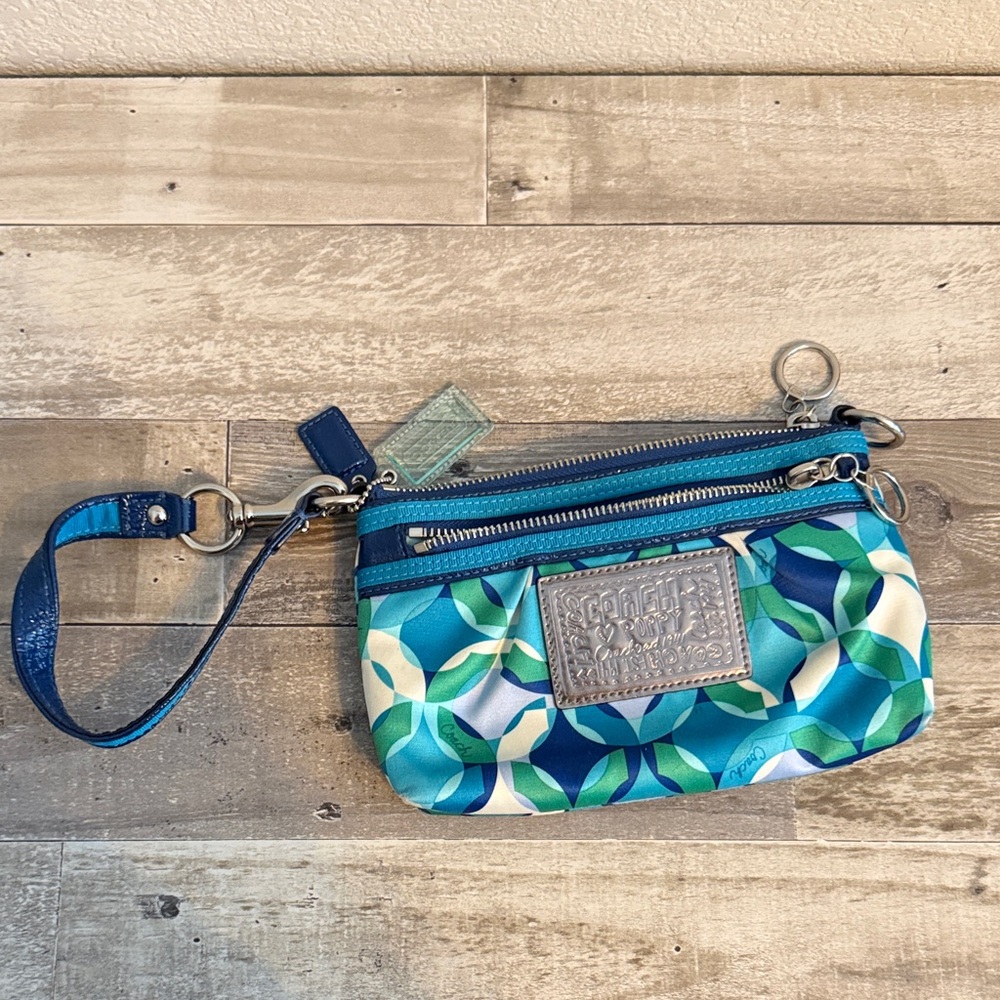 Coach Poppy Teal and Blue Patterned Wristlet